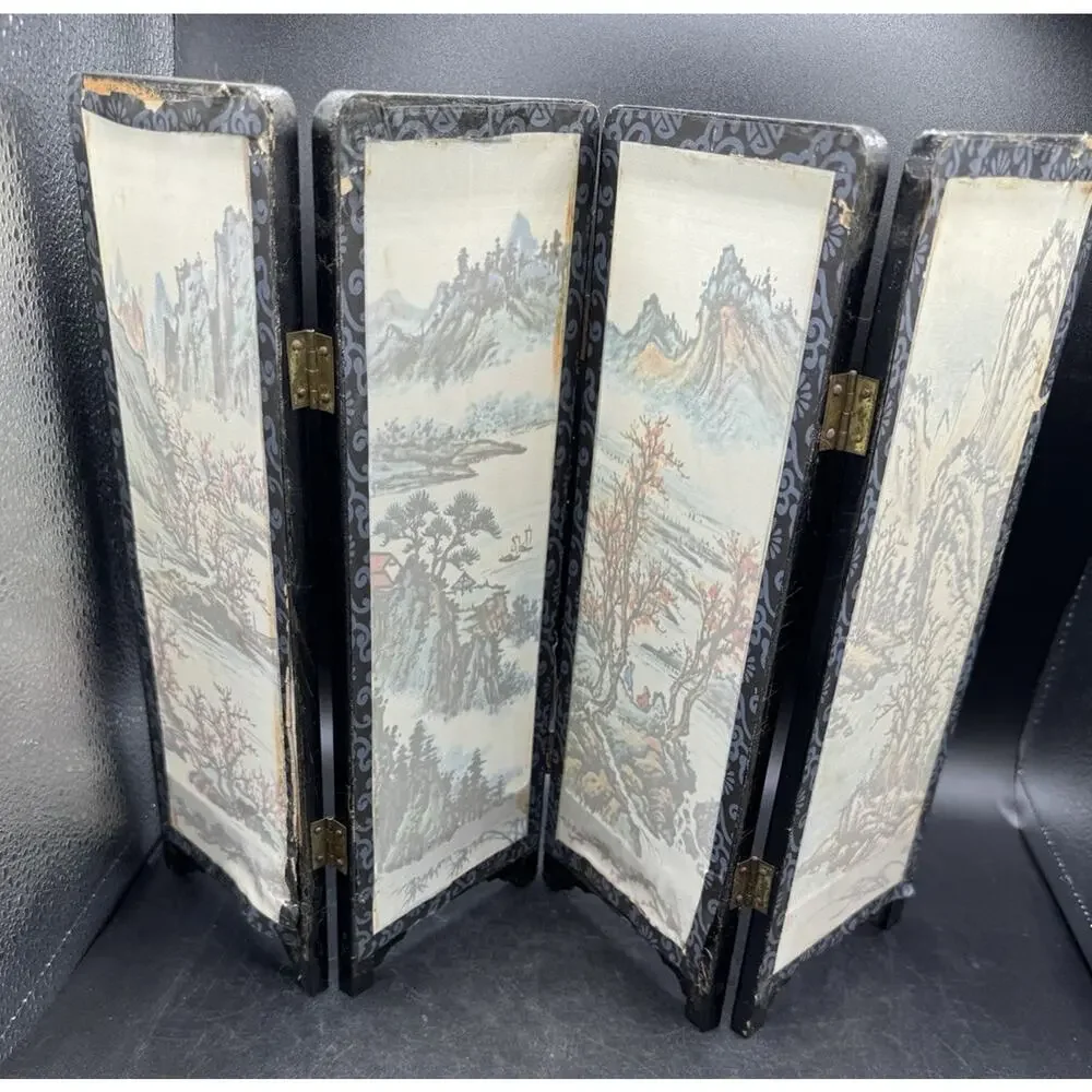 Vintage Asian Style 4 Panel Folding Doll House Screen Hand Painted Landscape